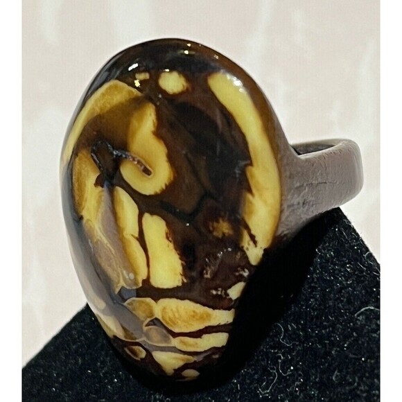 Tagua Jewelry - Dark Blue Tagua Nut Ring Sustainable Vegan Ivory Handmade Boho Organic Sz 7